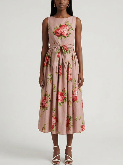 Rose Print Sleeveless Tie-Waist Dress - Dresses