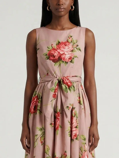 Rose Print Sleeveless Tie-Waist Dress - Dresses