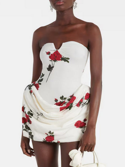 Rose Print Strapless Draped Hip Mini Dress in White