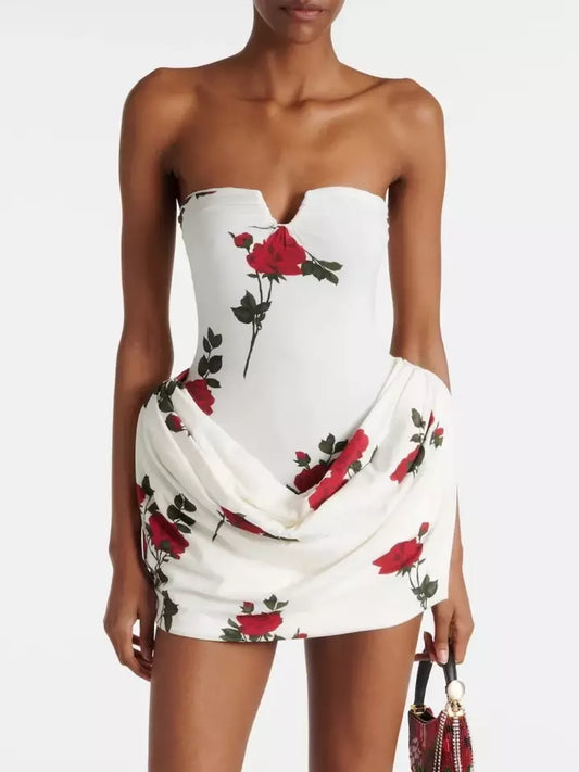 Rose Print Strapless Draped Hip Mini Dress in White