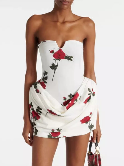 Rose Print Strapless Draped Hip Mini Dress in White