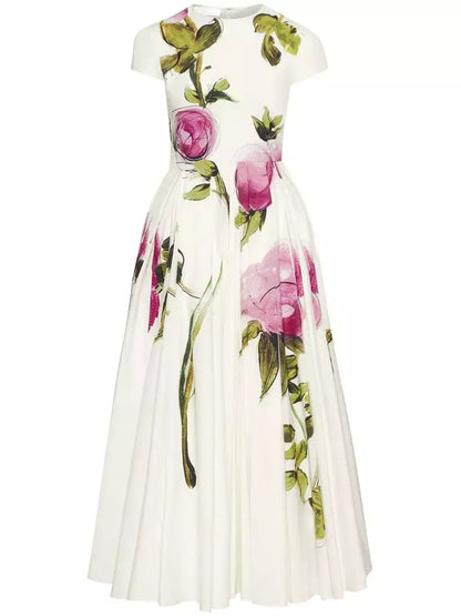 Roses Printed White Midi Dress