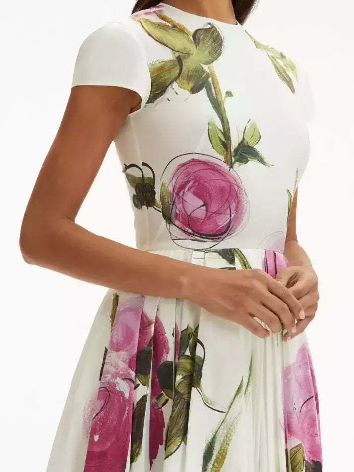 Roses Printed White Midi Dress