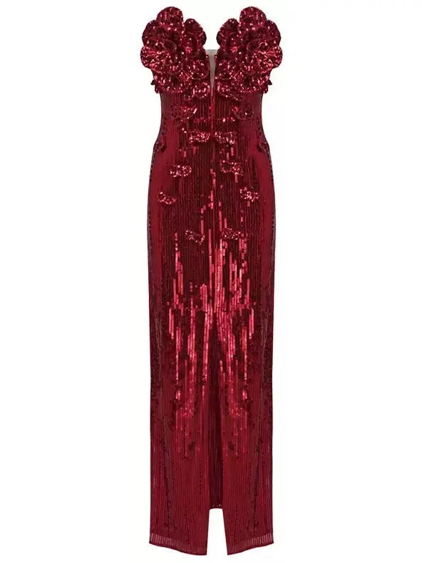 Rosette-Appliques Sequin-Embellished Red Ankle-Length Gown - Branna Couture