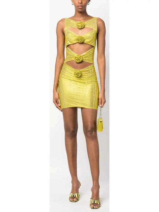 Rosette-Detail Cut-Out Embellished Mini Dress, Gold - Branna Couture