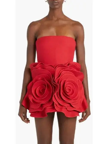 Rosette Detail Strapless Red Cocktail Dress - Branna Couture