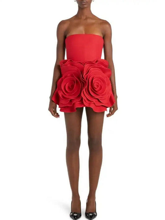Rosette Detail Strapless Red Cocktail Dress - Dresses