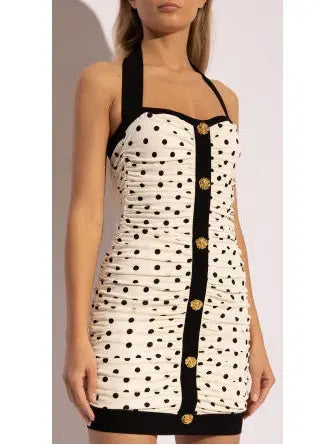 Ruched Polka-Dot Crepe Mini Dress - Branna Couture