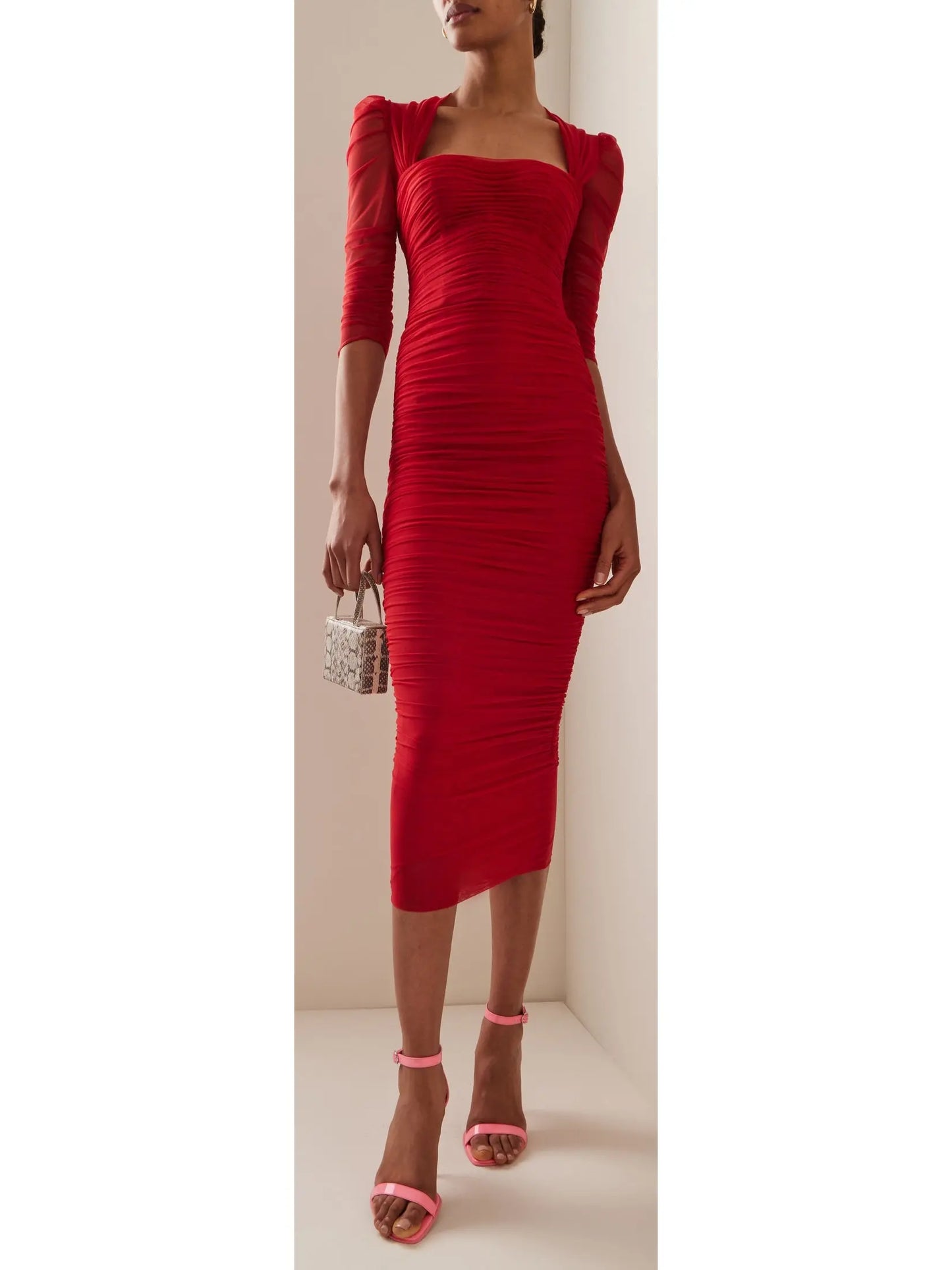 Ruched Red Tulle Midi Dress - Branna Couture