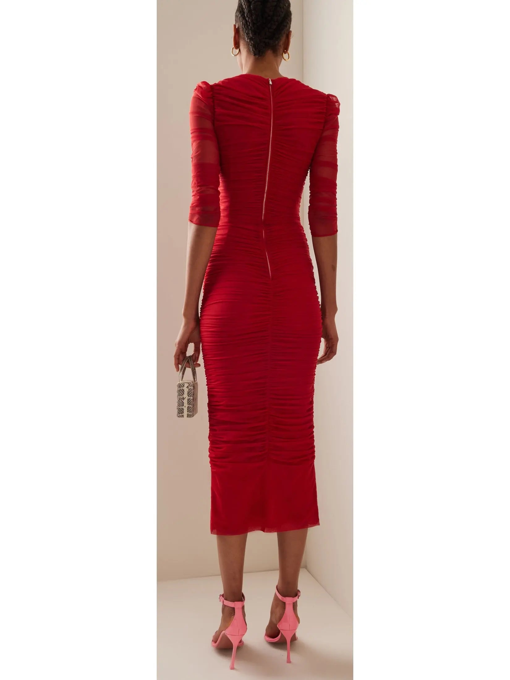 Ruched Red Tulle Midi Dress - Branna Couture