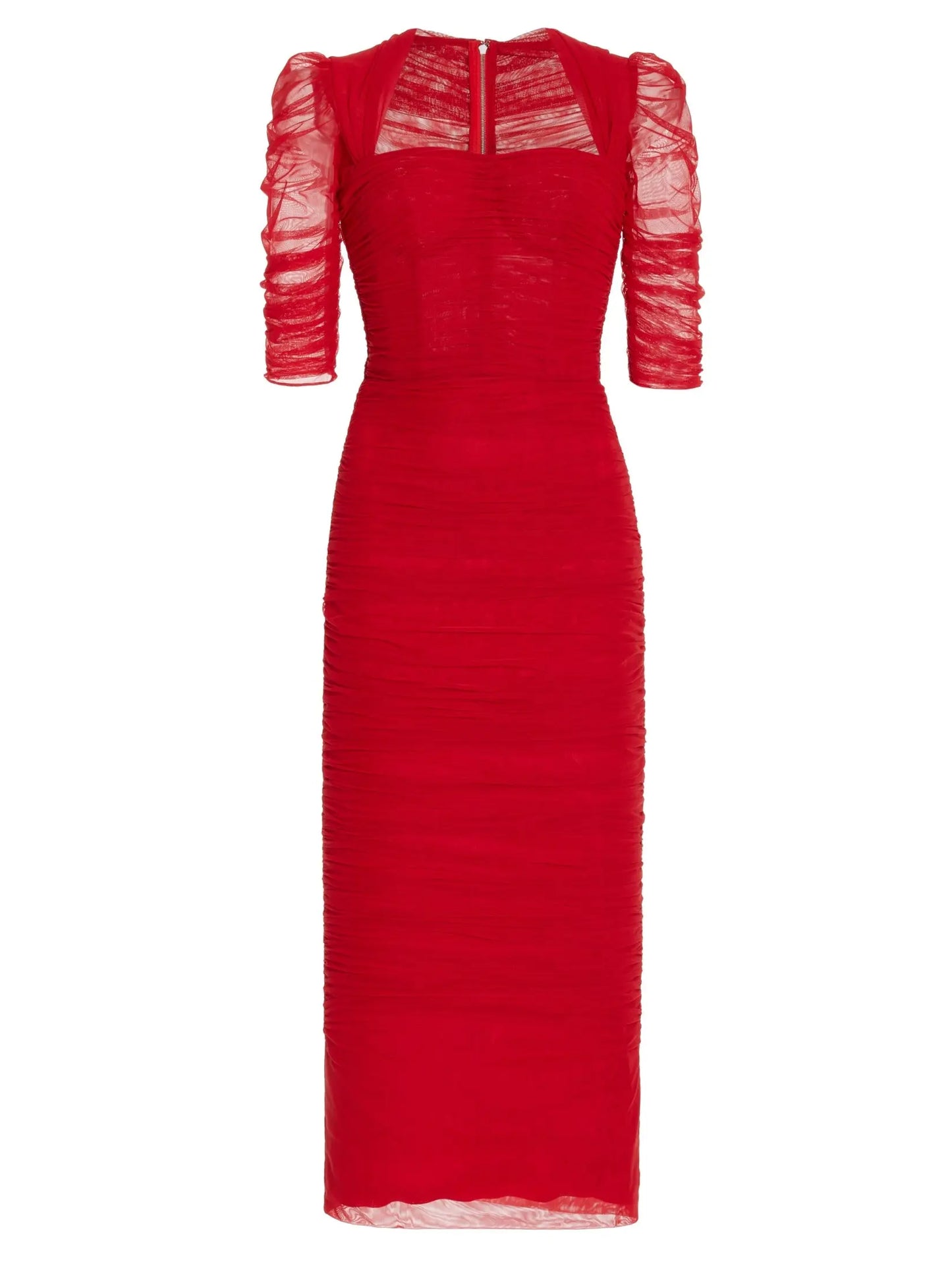 Ruched Red Tulle Midi Dress - Branna Couture