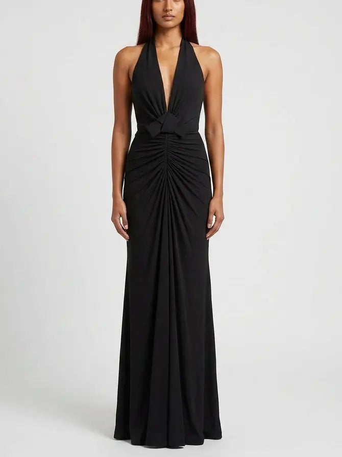 Ruched Halter Plunge Maxi Dress in Black - S - Dresses