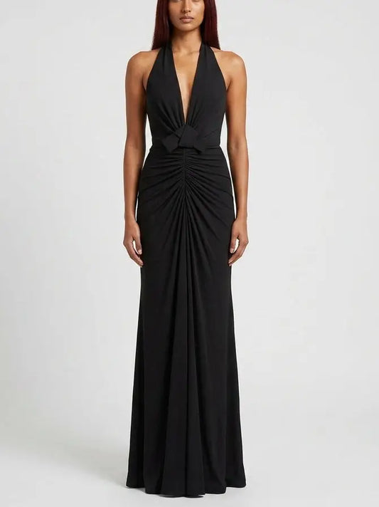 Ruched Halter Plunge Maxi Dress in Black - S - Dresses