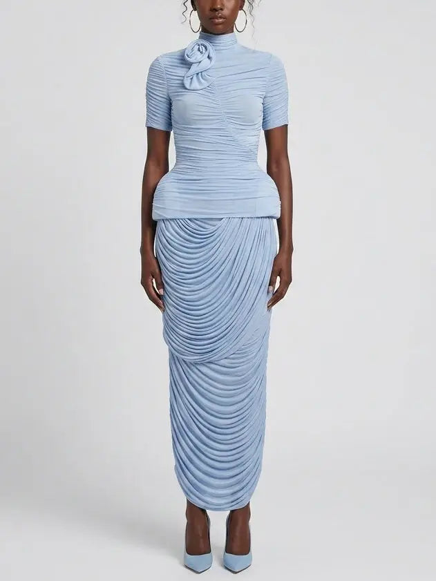 Ruched High Neck Top and Draped Maxi Skirt Set - Small - Suits & Sets