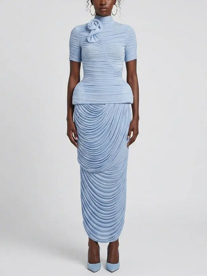 Ruched High Neck Top and Draped Maxi Skirt Set - Small - Suits & Sets