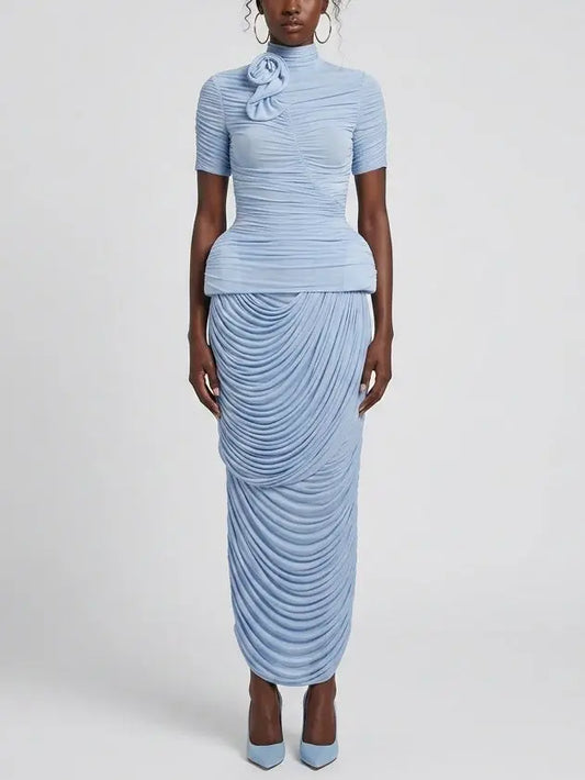 Ruched High Neck Top and Draped Maxi Skirt Set - Small - Suits & Sets