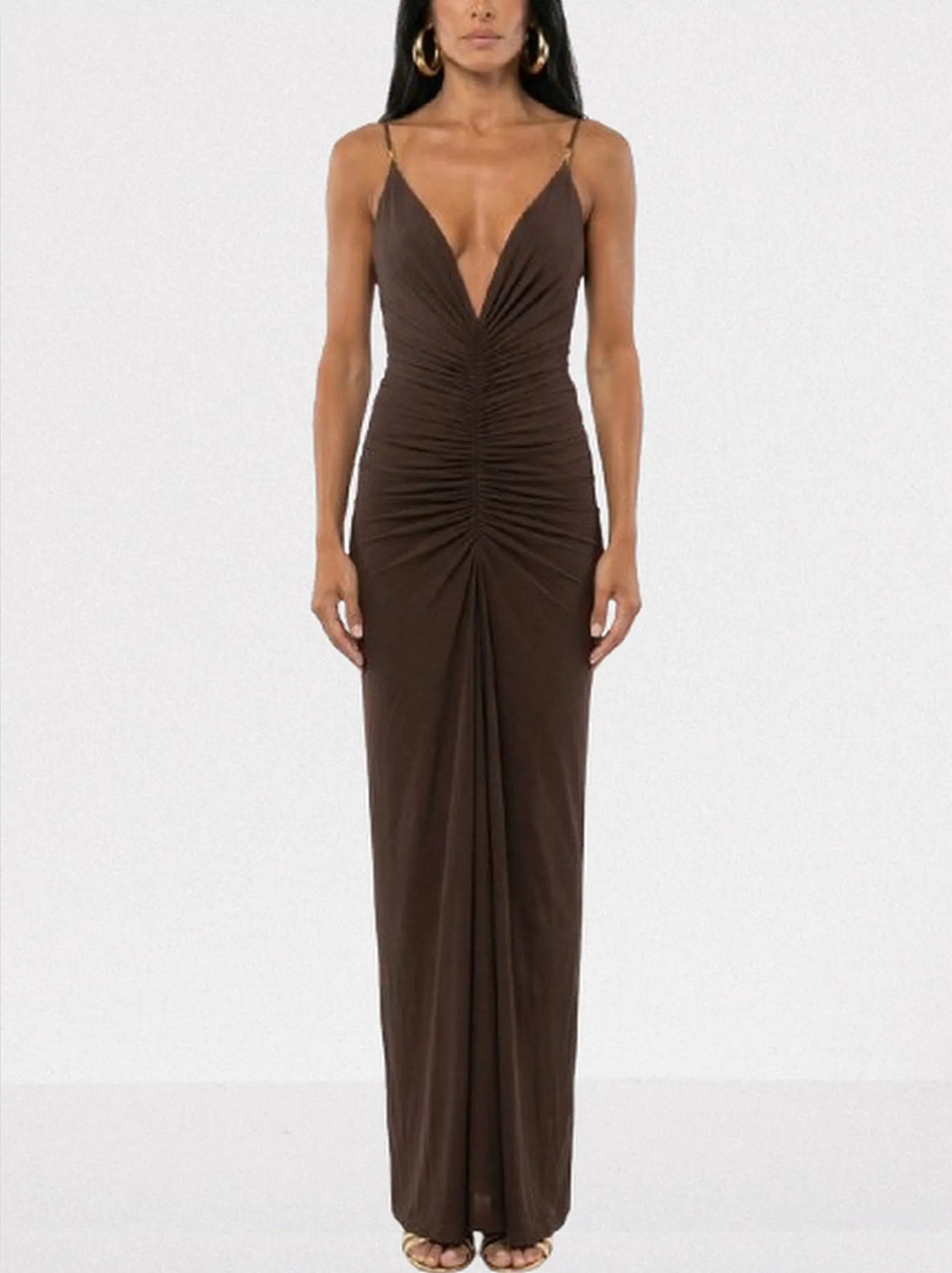 Ruched Jersey Plunge-Neck Maxi Dress - S / Brown - Dresses