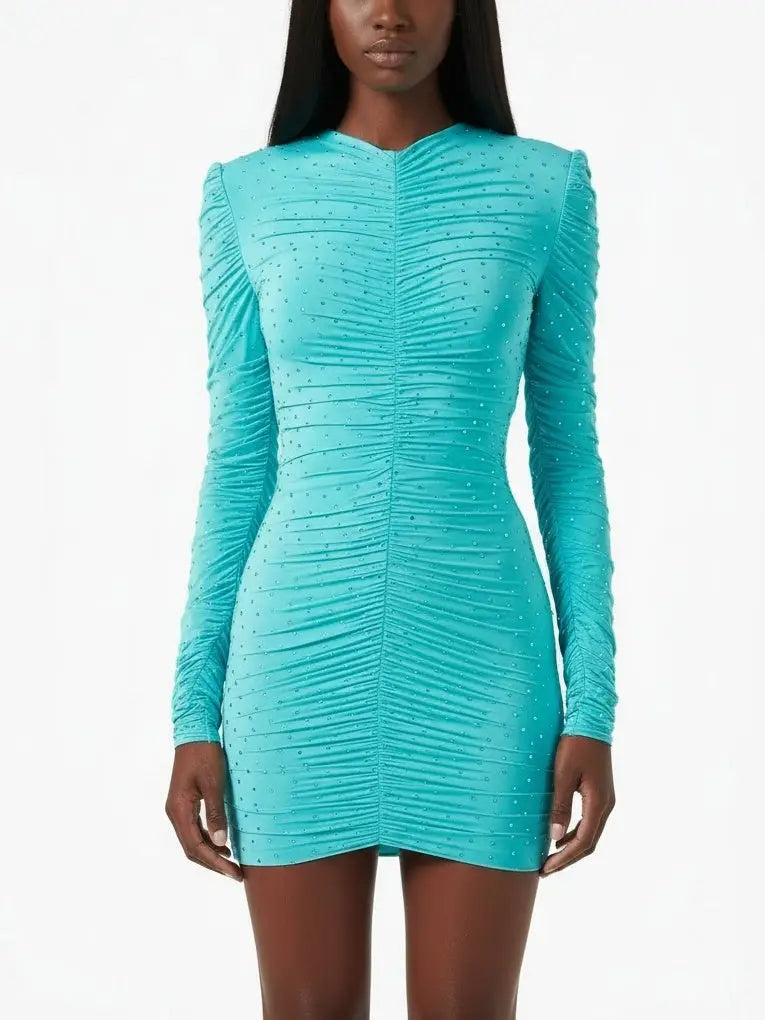 Ruched Long-Sleeve Crystal Mini Dress in Turquoise - S - Dresses