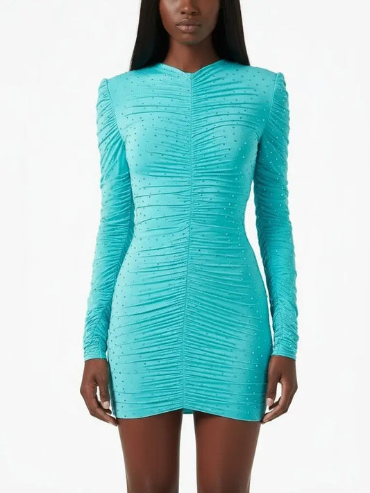 Ruched Long-Sleeve Crystal Mini Dress in Turquoise - S - Dresses