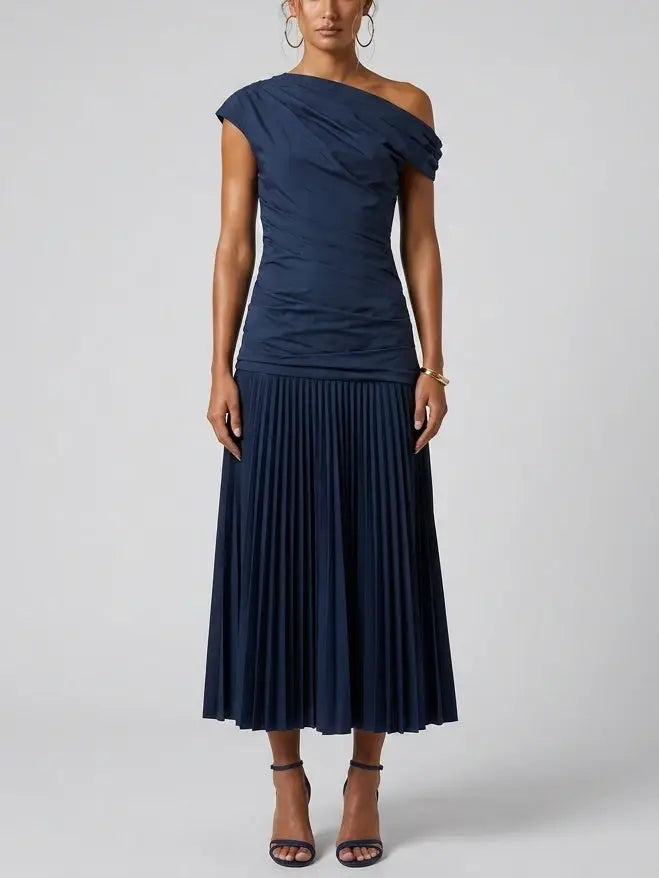 Ruched One Shoulder Pleated Midi Dress - Small / Navy - Dresses