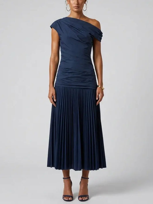 Ruched One Shoulder Pleated Midi Dress - Small / Navy - Dresses