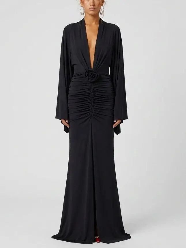 Ruched Plunge Neck Maxi Dress with Rose Detail - S - Dresses