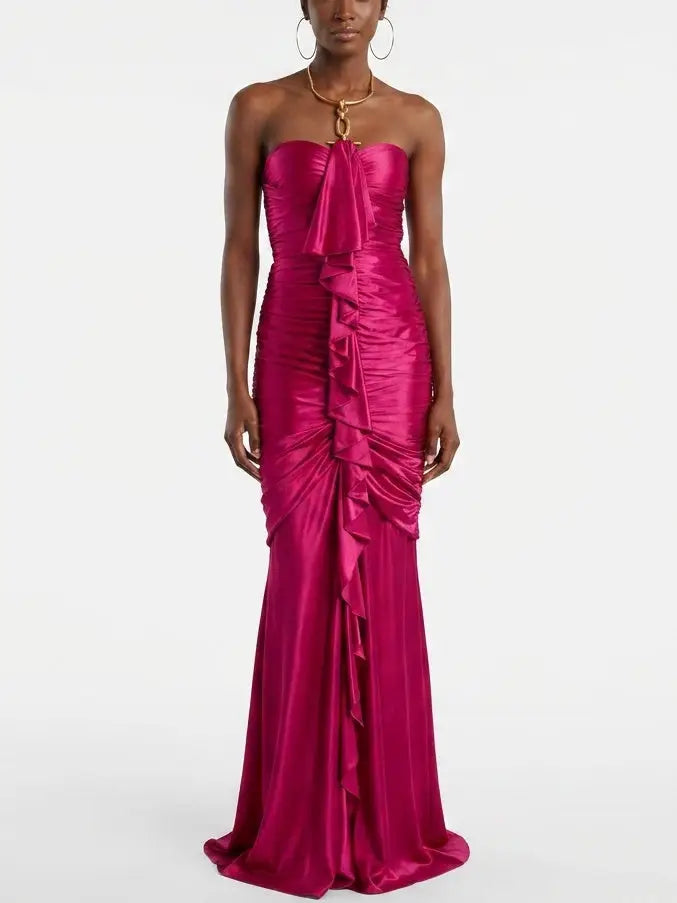 Ruched Satin Strapless Gown with Gold Ring Halter Detail - S / Raspberry - Dresses