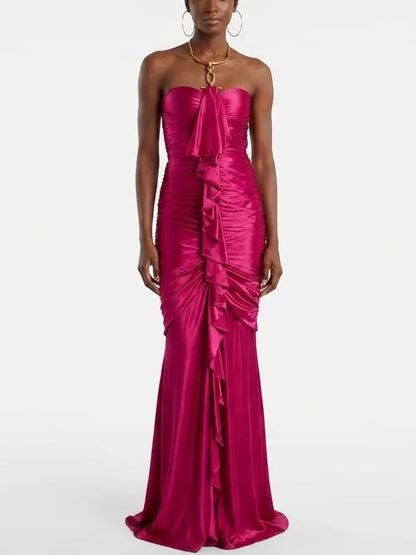 Ruched Satin Strapless Gown with Gold Ring Halter Detail - S / Raspberry - Dresses