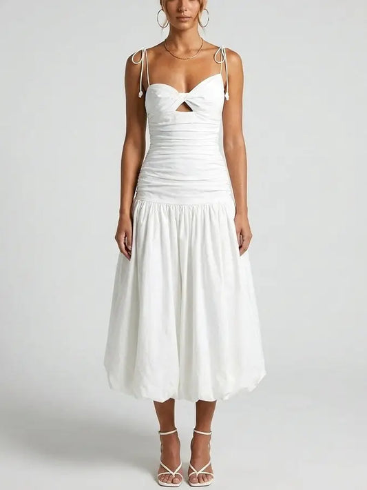 Ruched White Bubble Hem Midi Dress - XS - Dresses