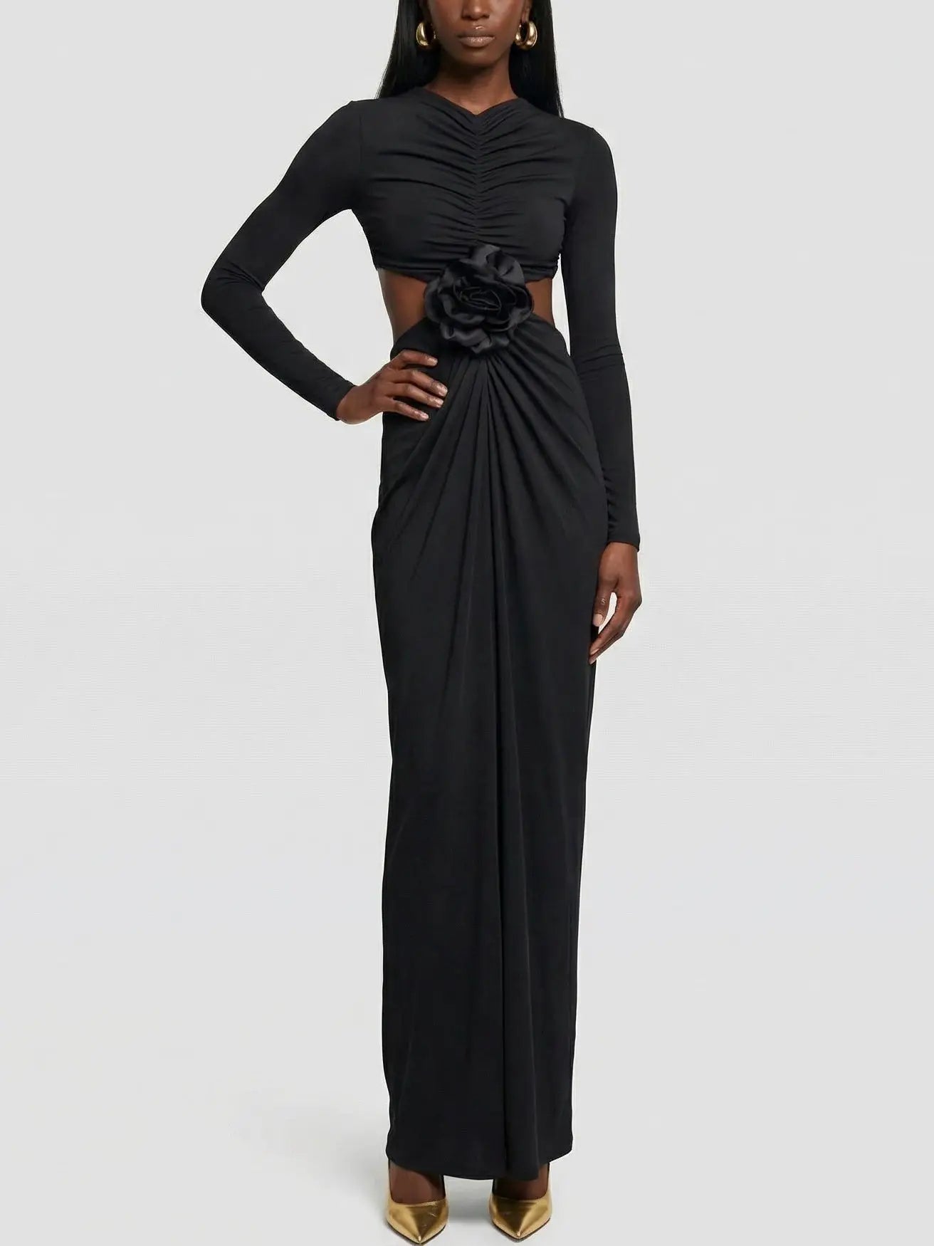Ruched Cutout Long-Sleeve Jersey Maxi Dress - Dresses