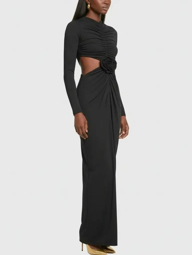 Ruched Cutout Long-Sleeve Jersey Maxi Dress - Dresses