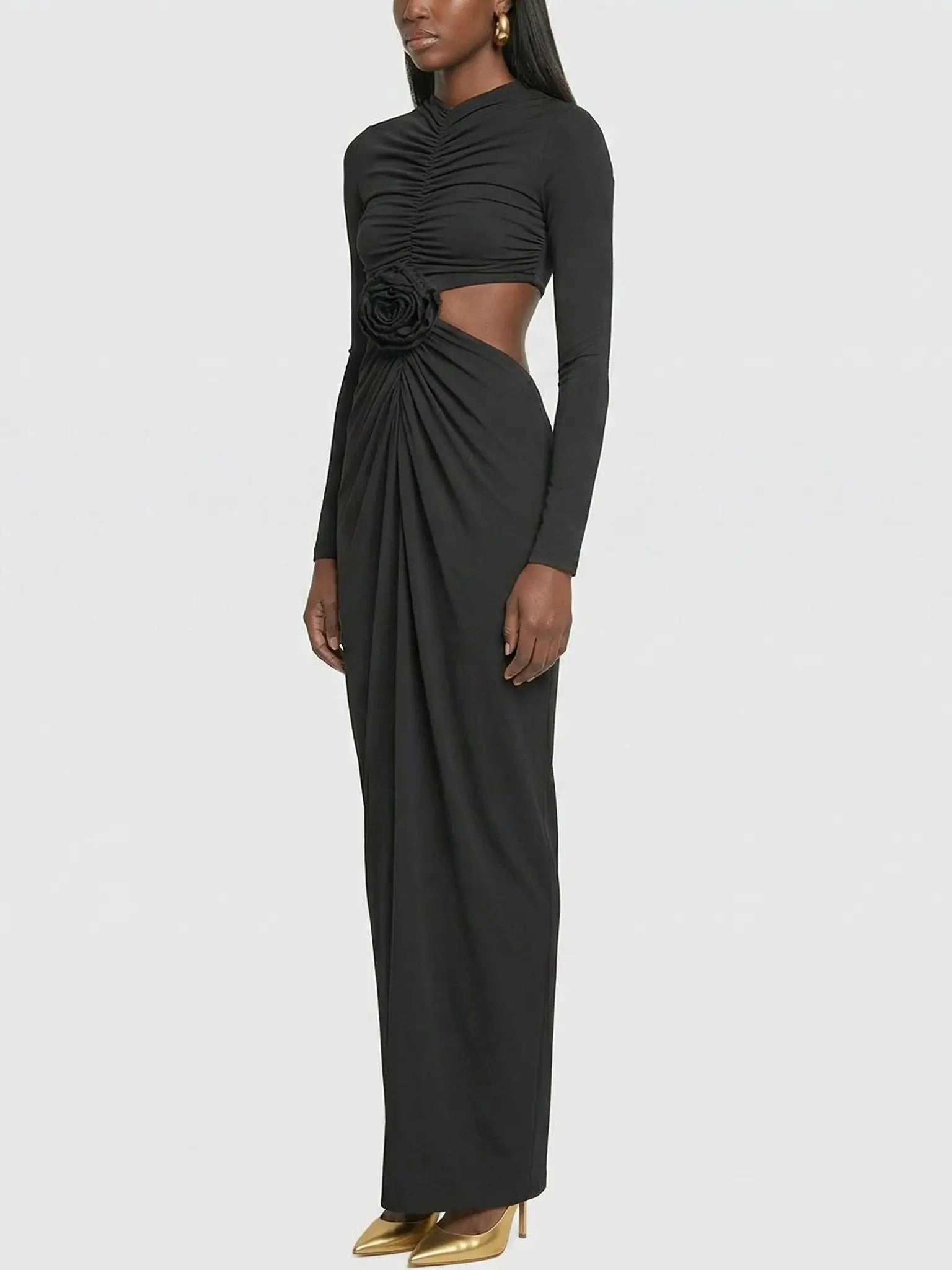 Ruched Cutout Long-Sleeve Jersey Maxi Dress - Dresses