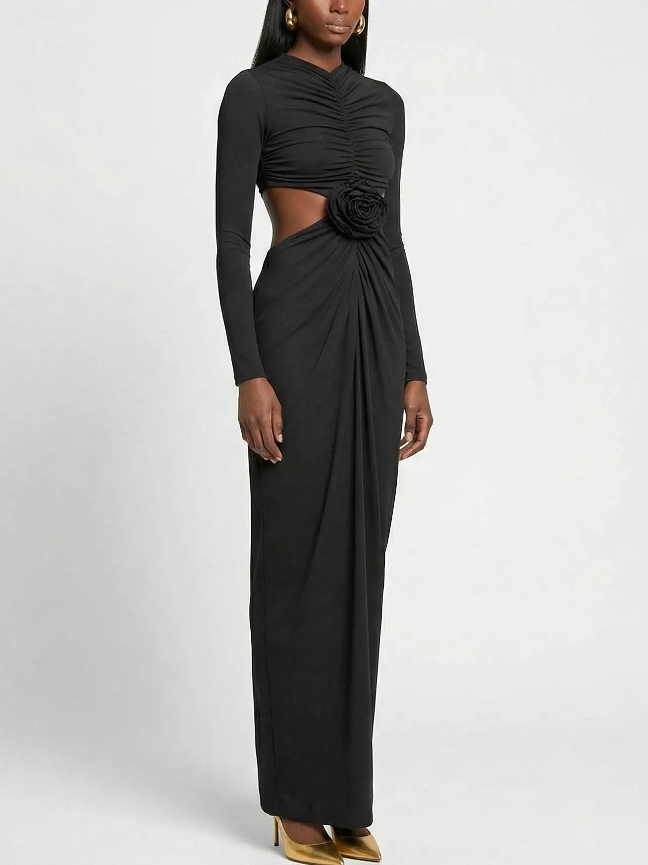 Ruched Cutout Long-Sleeve Jersey Maxi Dress - Dresses