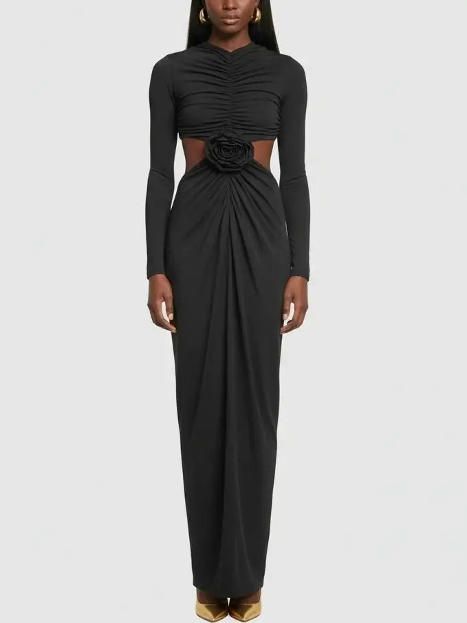 Ruched Cutout Long-Sleeve Jersey Maxi Dress - S - Dresses