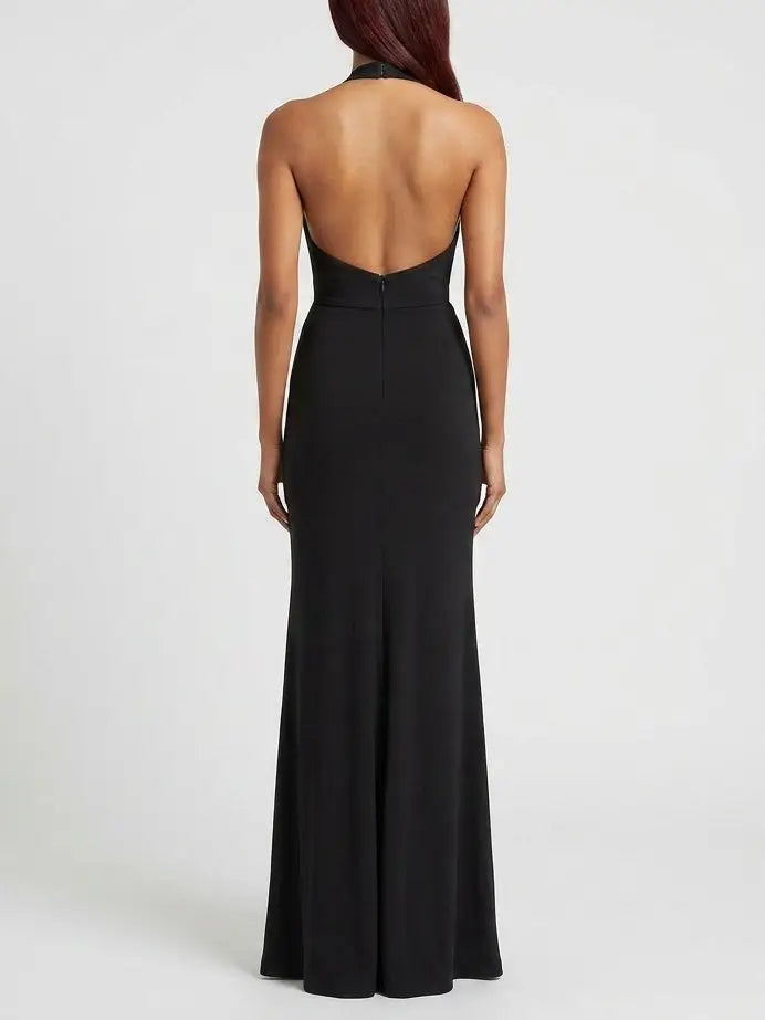 Ruched Halter Plunge Maxi Dress in Black - Dresses