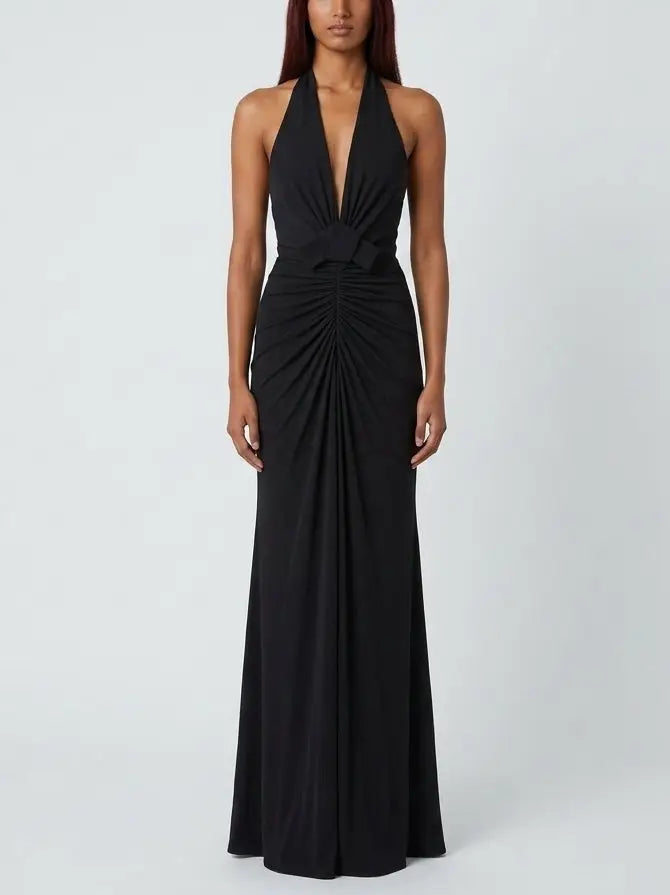 Ruched Halter Plunge Maxi Dress in Black - Dresses