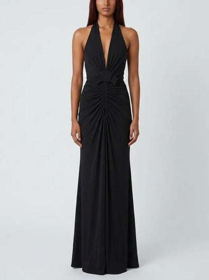 Ruched Halter Plunge Maxi Dress in Black - Dresses