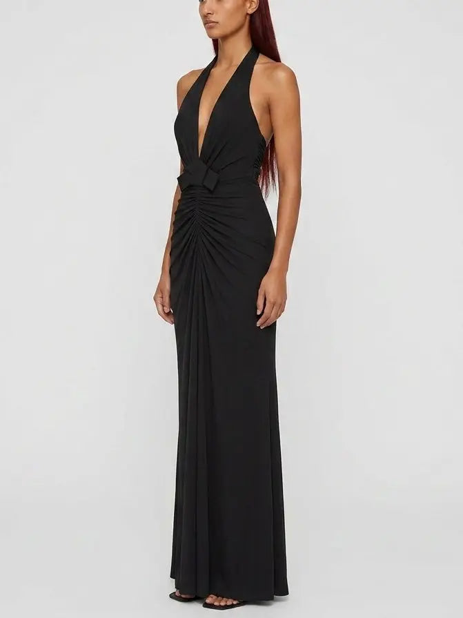 Ruched Halter Plunge Maxi Dress in Black - Dresses