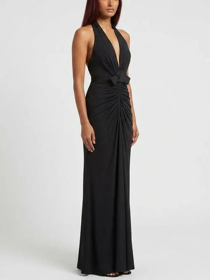 Ruched Halter Plunge Maxi Dress in Black - Dresses