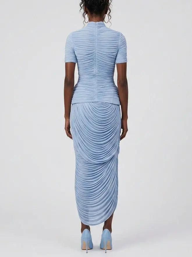 Ruched High Neck Top and Draped Maxi Skirt Set - Suits & Sets