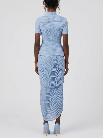 Ruched High Neck Top and Draped Maxi Skirt Set - Suits & Sets