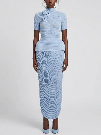 Ruched High Neck Top and Draped Maxi Skirt Set - Suits & Sets