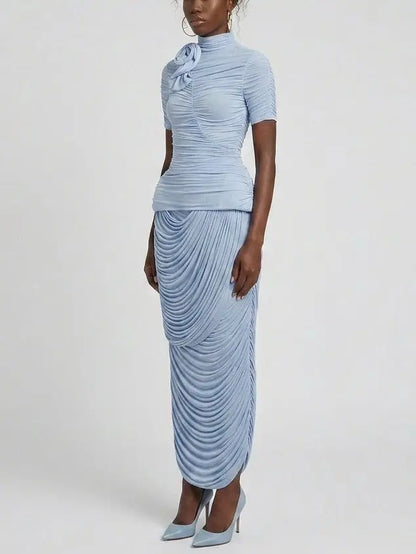 Ruched High Neck Top and Draped Maxi Skirt Set - Suits & Sets