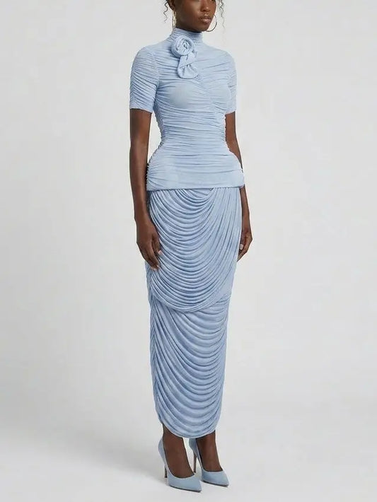 Ruched High Neck Top and Draped Maxi Skirt Set - Suits & Sets
