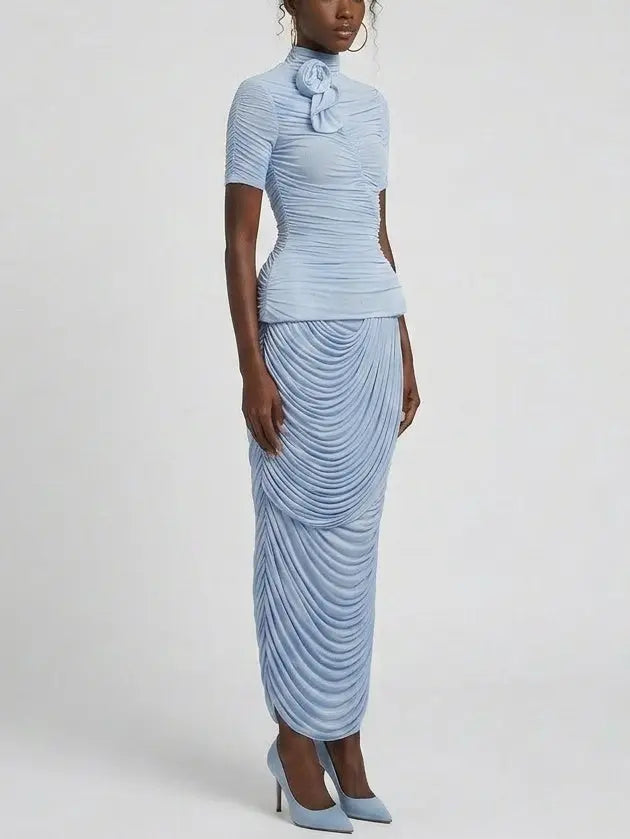 Ruched High Neck Top and Draped Maxi Skirt Set - Suits & Sets