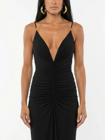 Ruched Jersey Plunge-Neck Maxi Dress - Dresses