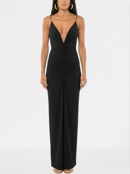 Ruched Jersey Plunge-Neck Maxi Dress - S / Black - Dresses