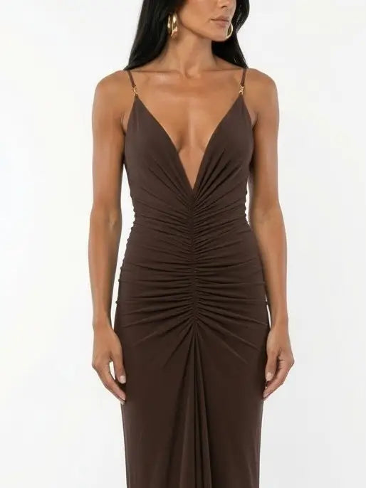 Ruched Jersey Plunge-Neck Maxi Dress - Dresses