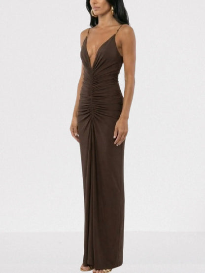 Ruched Jersey Plunge-Neck Maxi Dress - Dresses