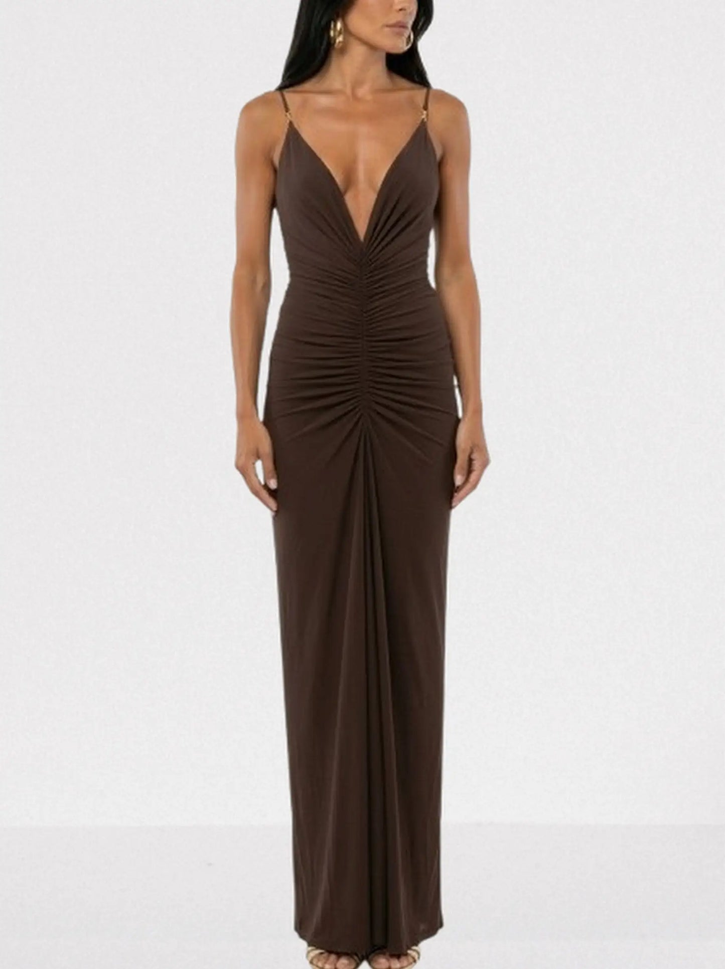 Ruched Jersey Plunge-Neck Maxi Dress - Dresses